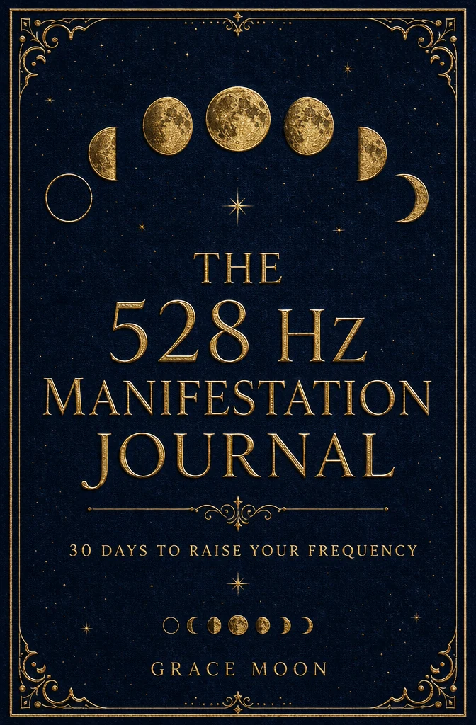 The 528 Hz Manifestation Journal — navy cover with gold moon phases